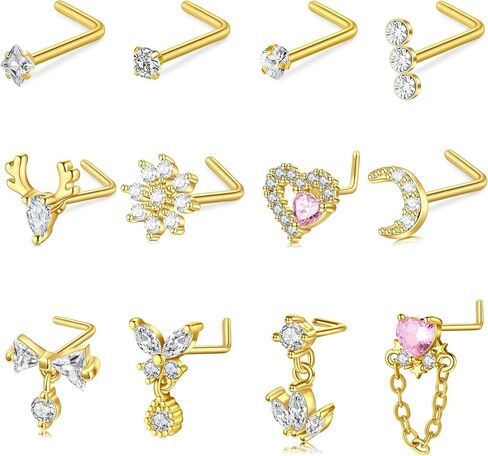 Zolure Nose Rings L Shape Nose Studs for Women Stainless Steel Body Piercing Jewelry Butterfly Flower Heart Moon Dangle Cute Pink Clear CZ in Kuwait