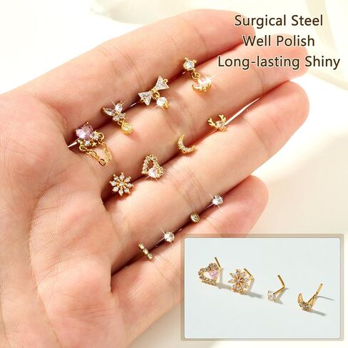 Zolure Nose Rings L Shape Nose Studs for Women Stainless Steel Body Piercing Jewelry Butterfly Flower Heart Moon Dangle Cute Pink Clear CZ in Kuwait