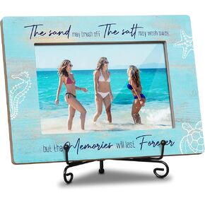Beach Memories Picture Frame - 'Memories Will Last Forever' Coastal Quote - 8x5.8 Inch Rustic Wood Frame for 4x6 Photos with Iron Stand - Perfect Beach House & Vacation Gift. (029) in Kuwait