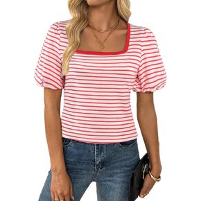 LilyCoco Womens Striped Square Neck Tops Casual Puff Short Sleeve Cropped T Shirts in Kuwait