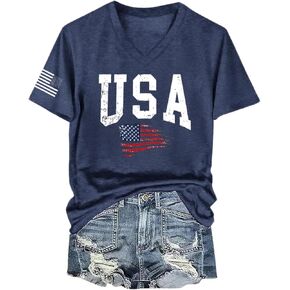 قميص الرابع من يوليو للنساء: تي شيرت العلم الأمريكي برسومات النجوم والمشارب، تي شيرت صيفي وطني أحمر وأبيض وأزرق in Kuwait