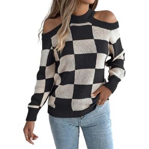 Women Checkered Color Block Sweater Fall Winter Cold Shoulder Long Sleeve Knitted Plaid Trendy Pullover Tops 2026 in Kuwait