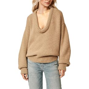 Women's Oversized U Neck Pullover Sweater Long Sleeve Knitted Sweater Chunky Trendy Fall Winter Sweater Tops Khaki in Saudi Arabia