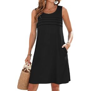 CHICGAL Womens Summer Dresses Casual Loose Pleated Front Tshirt Sleeveless Tank Sundresses with Pockets in Kuwait