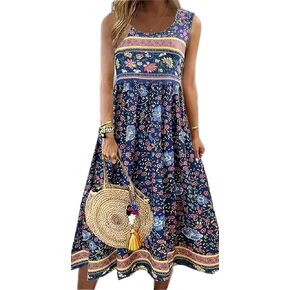Tank Dresses for Women 2026 Summer Boho Floral Crew Neck Sleeveless Long Sundress Loose Casual Beach Dress with Pocket in Kuwait