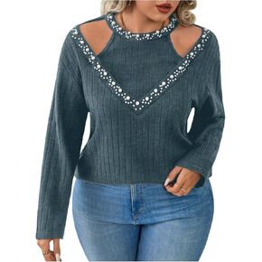 GORGLITTER Women's Plus Size Cold Shoulder Tops Pearl Long Sleeve Sexy Party Trendy Going Out Outfits in Saudi Arabia