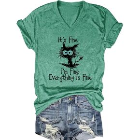 تي شيرت نسائي I'm Fine Everything is Fine برقبة على شكل حرف V وأكمام قصيرة ورسومات قطة لطيفة كاجوال فضفاض مناسب للعطلات in Saudi Arabia