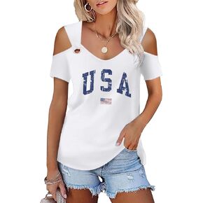 Womens 4th of July Shirt Funny Hollow Out Sweet O Ring Shoulder Short Sleeve Tee Summer Loose Fit Patriotic T-Shirt in Kuwait