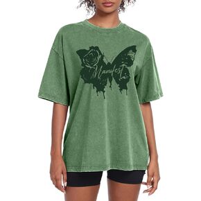 تي شيرت نسائي كبير الحجم من QLIPIN - تي شيرت فضفاض بطبعة فراشة، تي شيرت قطني بأكمام قصيرة in Kuwait