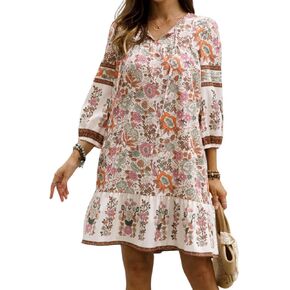 Scacto Women Long Sleeves Ruffle Floral Flowy Boho Dress Mini Short Beach Sundress in Kuwait