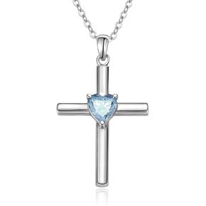 Easter Gifts for Women Wife Daughter - Birthstone Cross Necklace: Solid 925 Sterling Silver 18K White Gold Christian Jewelry Cross Heart Pendant, Birthday Faith Baptism Confirmation Gifts for Her Mom in Kuwait