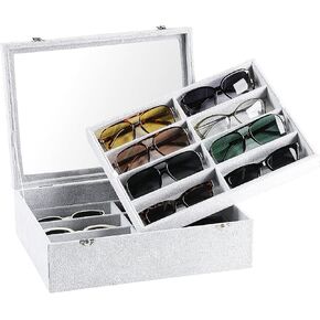 Frebeauty 16 Slots Sunglasses Organizer,2 Layer Velvet Sunglasses Tray with Glass Lid,Multiple Pairs Sunglass Display Case for Man or Woman,13.7 * 10.25 * 4.1 Inches Eyeglass/Eyewear Box (Beige) in Kuwait