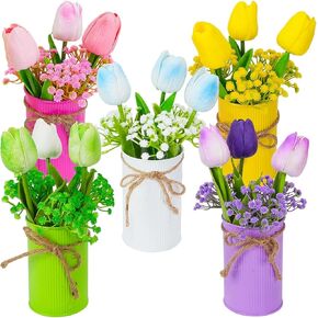 ديكور طاولة عيد الفصح الربيعي، قطع مركزية للطاولات مع 15 قطعة من زهور التوليب الملونة والزهور الاصطناعية وأنفاس الأطفال، والزهور المزيفة مع وعاء معدني، وديكورات عيد الفصح للمنزل والمطبخ والمكتب in Kuwait