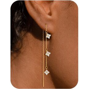 Gold Silver Dangle Earrings for Women Trendy 14K Gold Plated Drop Long Threader Chain Dangling Earring Hypoallergenic Pearl Butterfly Flower Clover CZ Wedding Earrings for Brides Jewelry Gifts in Kuwait