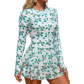 SEAUE Women's Long Sleeve Floral Swim Dress Rash Guard One Piece Skirted Bathing Suit UPF 50+ with Thumb Holes in Kuwait