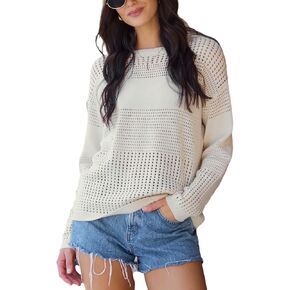 CUPSHE Women's Fall Lightweight Oversized Crew Neck Pullover Crochet Hollow Out Long Sleeve Sweater Top in Kuwait