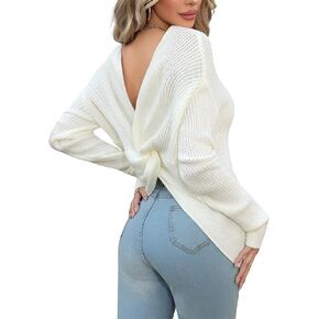 Women's Casual Pullover Sweaters Sexy V Neck Long Sleeve Twist Knot Cropped Knit Sweater Tops in Saudi Arabia
