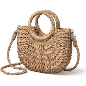 Rancco Straw Bags for Women, Rattan Purse with Round Wooden Handle, Detachable & Adjustable Beach Purses, Womens Shoulder Bag for Vacation Travel Casual Daily Use,10.25 * 9.25in in Kuwait