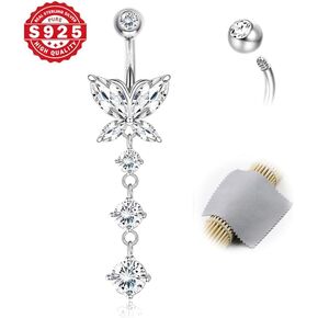 DJCIW الصلبة S925 الفضة الاسترليني فراشة زر البطن الدائري للنساء، 14G الحديد ثقب السرة المجوهرات، 8 مم 10 مم 12 مم أطوال الشريط، فراشة متدلية سحر البطن ثقب المجوهرات هدية in Kuwait