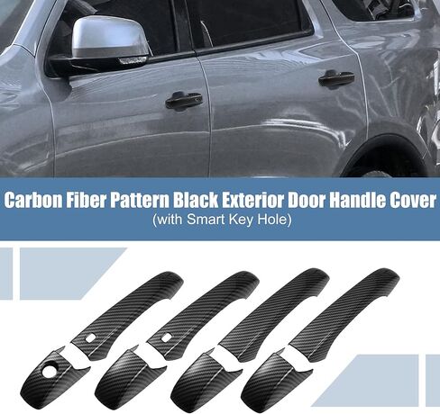 X AUTOHAUX 8pcs ABS Exterior Side Door Handle Cover Trim for Dodge Durango 2011-2021 for Jeep Grand Cherokee 2014-2021 for Chrysler 200 11-14 Black with Smart Key Hole Carbon Fiber Pattern in Saudi Arabia