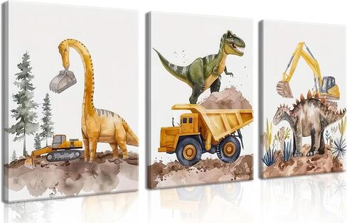 Cute Dinosaur Canvas Wall Art Set of 3, Funny Construction Vehicle Painting for Kids Boys Room, Dinosaur Truck Picture Wall Decor for Playroom Toddler Room Nursery Bedroom 12x16 inch Framed in Saudi Arabia