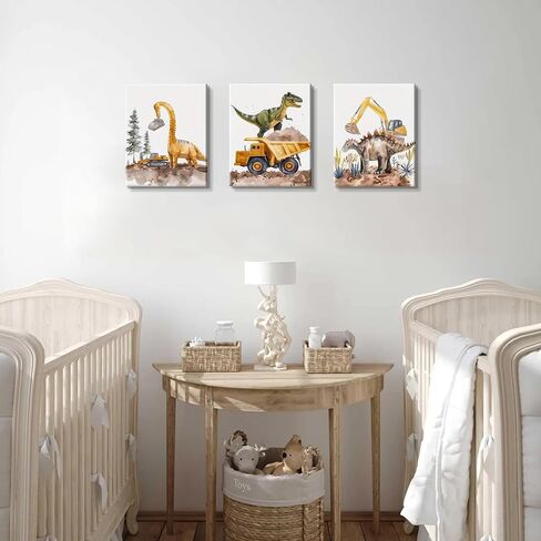 Cute Dinosaur Canvas Wall Art Set of 3, Funny Construction Vehicle Painting for Kids Boys Room, Dinosaur Truck Picture Wall Decor for Playroom Toddler Room Nursery Bedroom 12x16 inch Framed in Saudi Arabia