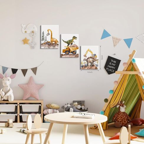 Cute Dinosaur Canvas Wall Art Set of 3, Funny Construction Vehicle Painting for Kids Boys Room, Dinosaur Truck Picture Wall Decor for Playroom Toddler Room Nursery Bedroom 12x16 inch Framed in Saudi Arabia