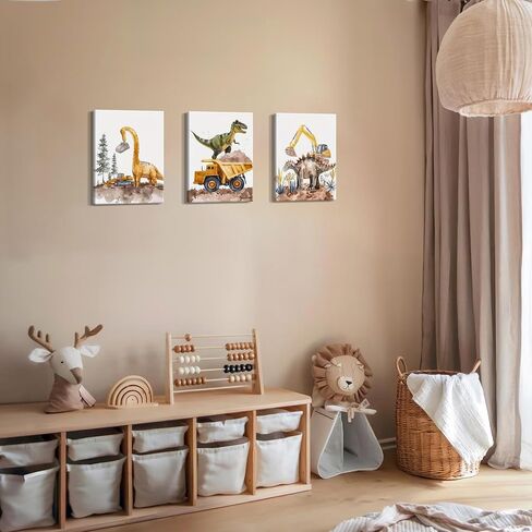 Cute Dinosaur Canvas Wall Art Set of 3, Funny Construction Vehicle Painting for Kids Boys Room, Dinosaur Truck Picture Wall Decor for Playroom Toddler Room Nursery Bedroom 12x16 inch Framed in Saudi Arabia