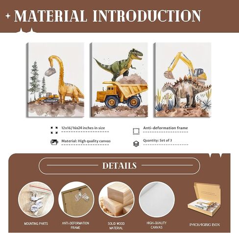 Cute Dinosaur Canvas Wall Art Set of 3, Funny Construction Vehicle Painting for Kids Boys Room, Dinosaur Truck Picture Wall Decor for Playroom Toddler Room Nursery Bedroom 12x16 inch Framed in Saudi Arabia