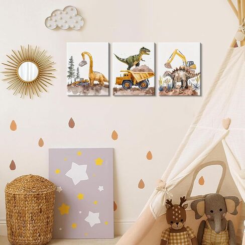 Cute Dinosaur Canvas Wall Art Set of 3, Funny Construction Vehicle Painting for Kids Boys Room, Dinosaur Truck Picture Wall Decor for Playroom Toddler Room Nursery Bedroom 12x16 inch Framed in Saudi Arabia