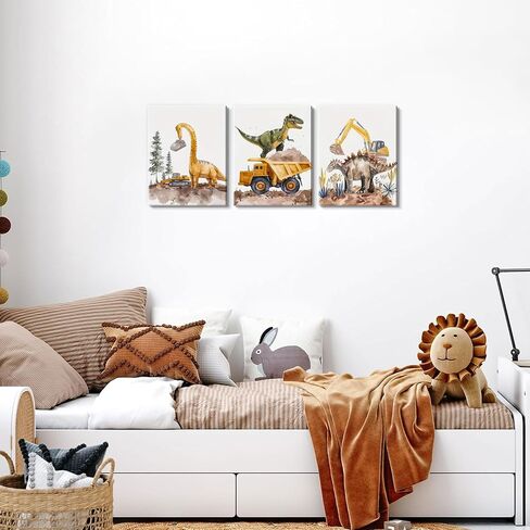 Cute Dinosaur Canvas Wall Art Set of 3, Funny Construction Vehicle Painting for Kids Boys Room, Dinosaur Truck Picture Wall Decor for Playroom Toddler Room Nursery Bedroom 12x16 inch Framed in Saudi Arabia