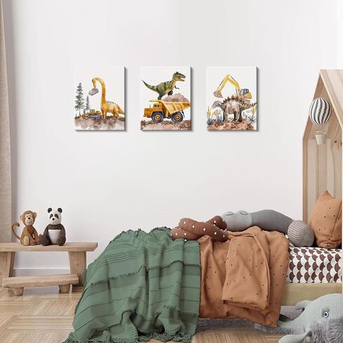 Cute Dinosaur Canvas Wall Art Set of 3, Funny Construction Vehicle Painting for Kids Boys Room, Dinosaur Truck Picture Wall Decor for Playroom Toddler Room Nursery Bedroom 12x16 inch Framed in Saudi Arabia