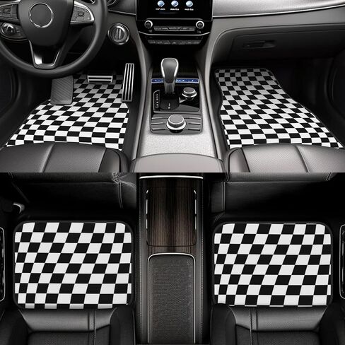 Generic Car Foot Mat Black and White Checkered Distortion Non-Slip Carpet Mats for Cars & Trucks,Decorative Front & Rear Vehicle Foot Rugs,4-Piece Car Floor Mat Set in Saudi Arabia