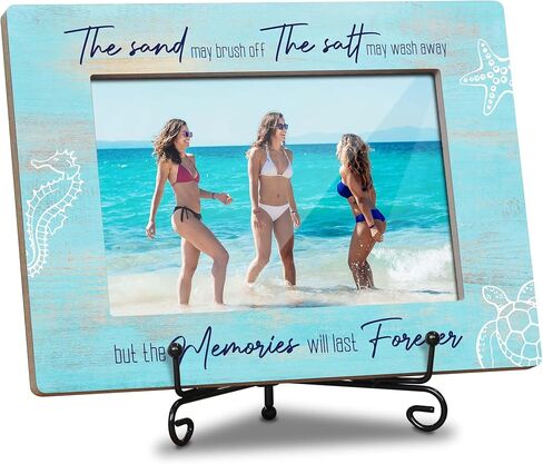إطار صور ذكريات الشاطئ - اقتباس ساحلي "الذكريات ستدوم إلى الأبد" - إطار خشبي ريفي مقاس 8 × 5.8 بوصة للصور مقاس 4 × 6 مع حامل حديد - هدية مثالية لمنزل الشاطئ والعطلات. (029) in Kuwait