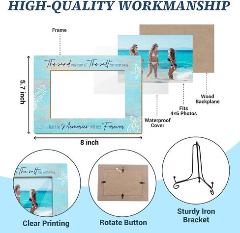 إطار صور ذكريات الشاطئ - اقتباس ساحلي "الذكريات ستدوم إلى الأبد" - إطار خشبي ريفي مقاس 8 × 5.8 بوصة للصور مقاس 4 × 6 مع حامل حديد - هدية مثالية لمنزل الشاطئ والعطلات. (029) in Kuwait