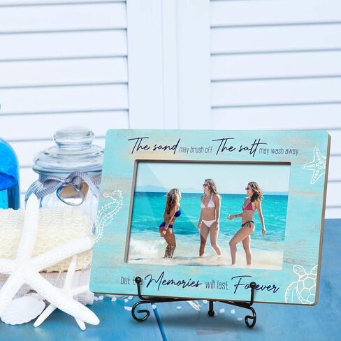إطار صور ذكريات الشاطئ - اقتباس ساحلي "الذكريات ستدوم إلى الأبد" - إطار خشبي ريفي مقاس 8 × 5.8 بوصة للصور مقاس 4 × 6 مع حامل حديد - هدية مثالية لمنزل الشاطئ والعطلات. (029) in Kuwait