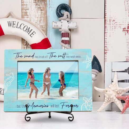 إطار صور ذكريات الشاطئ - اقتباس ساحلي "الذكريات ستدوم إلى الأبد" - إطار خشبي ريفي مقاس 8 × 5.8 بوصة للصور مقاس 4 × 6 مع حامل حديد - هدية مثالية لمنزل الشاطئ والعطلات. (029) in Kuwait