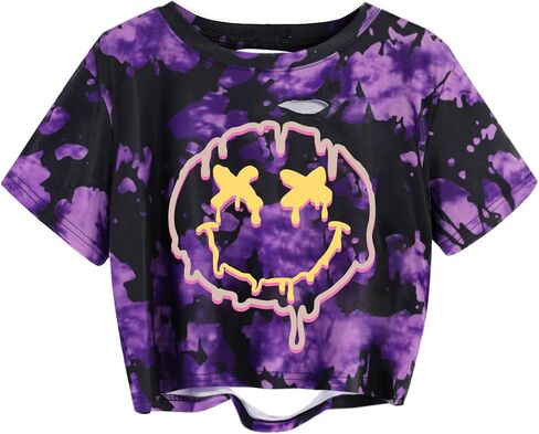 Avanova Tie Dye Shirt Women Ripped Short Sleeve Crop Tops Distressed Cropped T Shirts for Concert Halloween Goth Rock in Kuwait