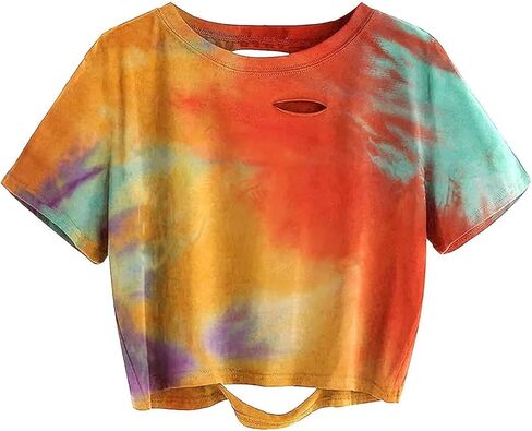Avanova Tie Dye Shirt Women Ripped Short Sleeve Crop Tops Distressed Cropped T Shirts for Concert Halloween Goth Rock in Saudi Arabia