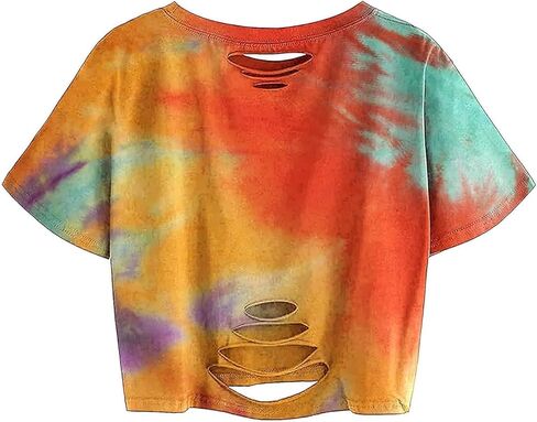 Avanova Tie Dye Shirt Women Ripped Short Sleeve Crop Tops Distressed Cropped T Shirts for Concert Halloween Goth Rock in Saudi Arabia