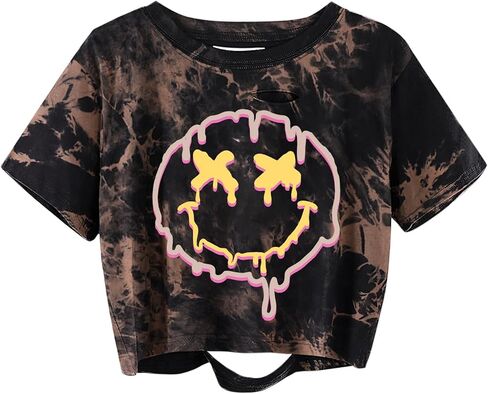 Avanova Tie Dye Shirt Women Ripped Short Sleeve Crop Tops Distressed Cropped T Shirts for Concert Halloween Goth Rock in Saudi Arabia