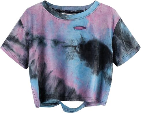 Avanova Tie Dye Shirt Women Ripped Short Sleeve Crop Tops Distressed Cropped T Shirts for Concert Halloween Goth Rock in Saudi Arabia