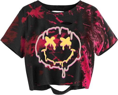 Avanova Tie Dye Shirt Women Ripped Short Sleeve Crop Tops Distressed Cropped T Shirts for Concert Halloween Goth Rock in Saudi Arabia