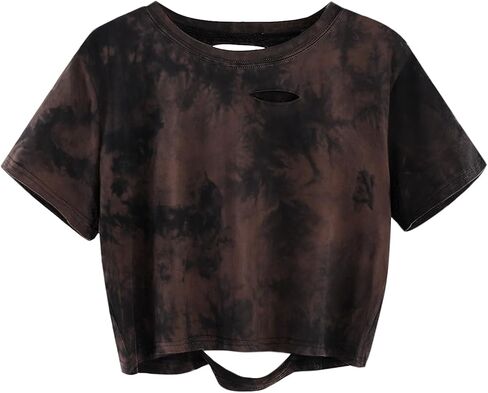 Avanova Tie Dye Shirt Women Ripped Short Sleeve Crop Tops Distressed Cropped T Shirts for Concert Halloween Goth Rock in Saudi Arabia
