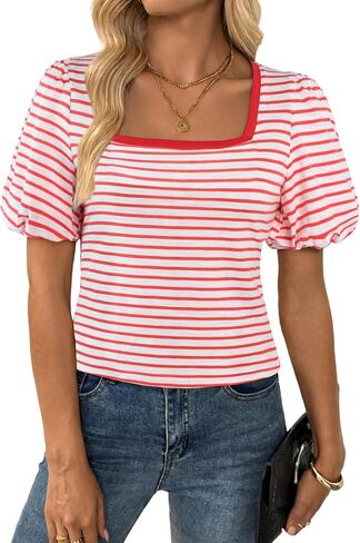 LilyCoco Womens Striped Square Neck Tops Casual Puff Short Sleeve Cropped T Shirts in Saudi Arabia