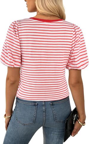 LilyCoco Womens Striped Square Neck Tops Casual Puff Short Sleeve Cropped T Shirts in Saudi Arabia