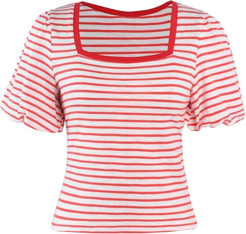LilyCoco Womens Striped Square Neck Tops Casual Puff Short Sleeve Cropped T Shirts in Saudi Arabia