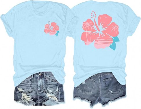 قمصان هاواي للنساء المتضخم شاطئ زهرة الكركديه الجرافيك تي شيرت المراهقين الجمالية الاستوائية المحملة القمم in Kuwait