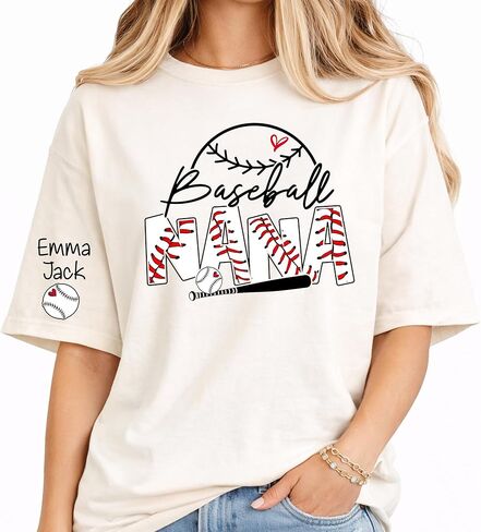 Personalized Baseball Nana Shirt for Women, Custom Kids' Names on Sleeves, Funny Baseball Nana Graphic Tee, Game Day Family Support Shirt in Kuwait
