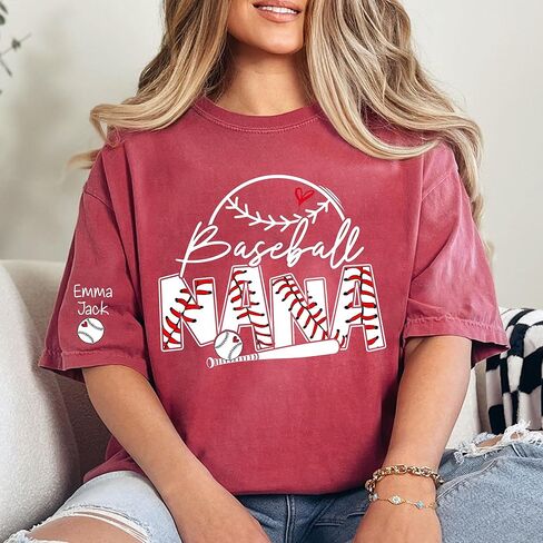 Personalized Baseball Nana Shirt for Women, Custom Kids' Names on Sleeves, Funny Baseball Nana Graphic Tee, Game Day Family Support Shirt in Kuwait